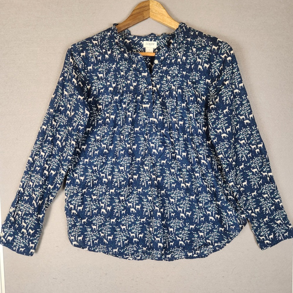 J. Crew Blouse Small Navy Woodland Deer Print Ruffle V-Neck Long Sleeve Preppy